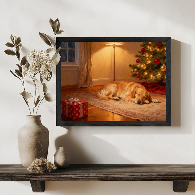 Noir rétro encadré noir - Chiens gardant des cadeaux, art mural, impressions de style rétro, H 25 po x l 37 po