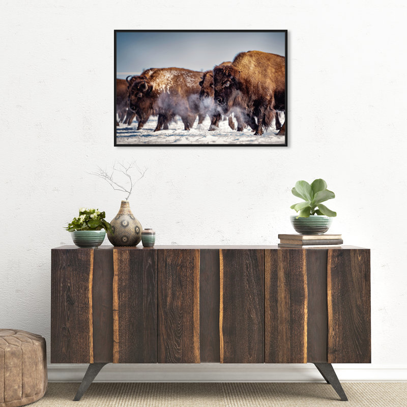 Buffalo Herd In A Snow Landscape Print, Black Framed, 21" H x 31" W