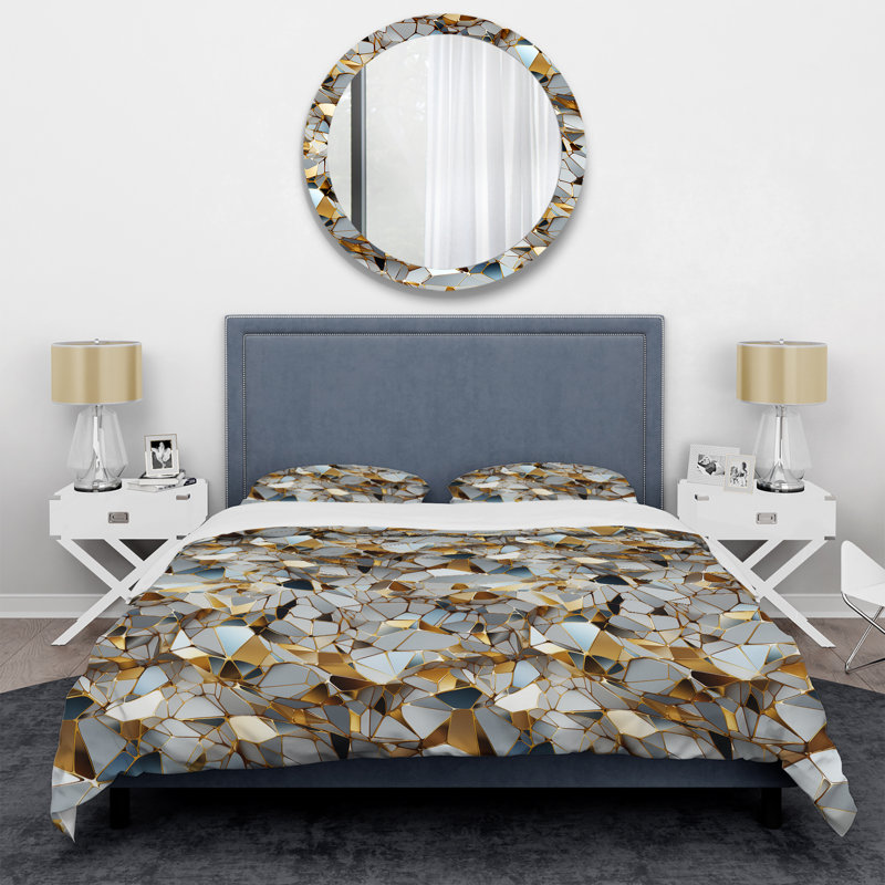 Literie en marbre blanc et doré à motif géométrique Glam I, Housse de couette pour grand lit et 2 taies décor