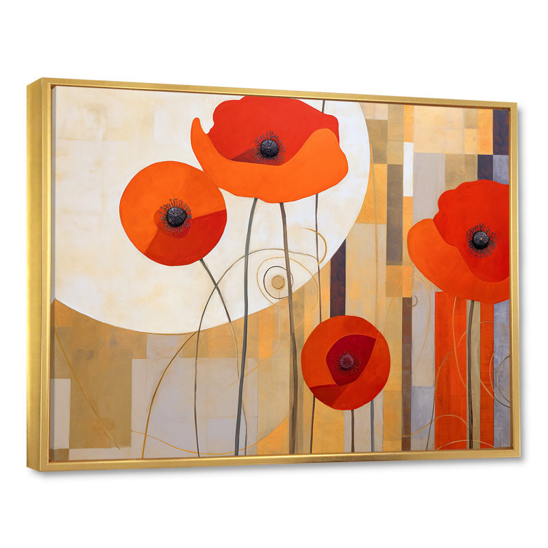 «Bold Orange Cubic Flowers» sur toile, Cadre flottant doré, H 34 po x l 44 po x P 1,5 po