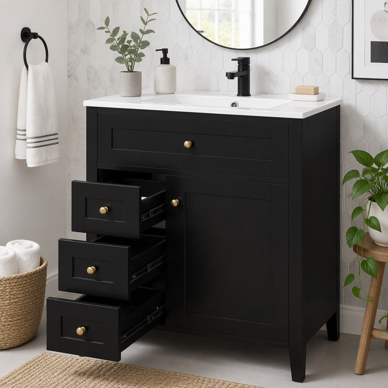 Meuble-lavabo de 30 po avec lavabo et grand rangement, Porte noire droite, 30