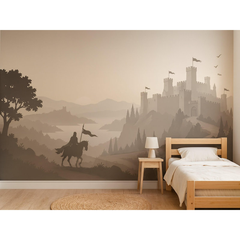 Knight Castle Grey Wallpaper Mural, Peel and Stick Kids Room Wall Mural, Layered Silhouette Landscape Nursery Wallpaper