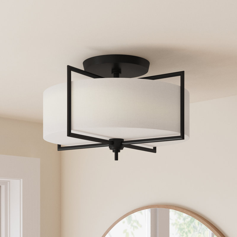 Fabric Semi Flush Mount, Aged Iron, 10" H x 15" W x 15" D