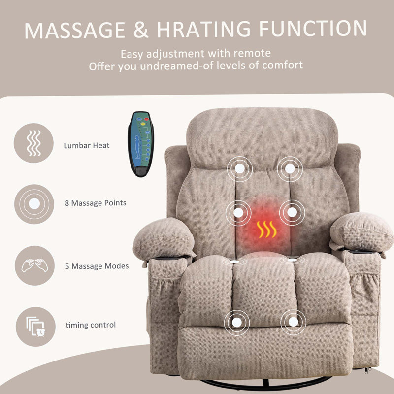 Swinging recliner massage heated sofa, with USB and 2 cup holders in side pockets, Brown