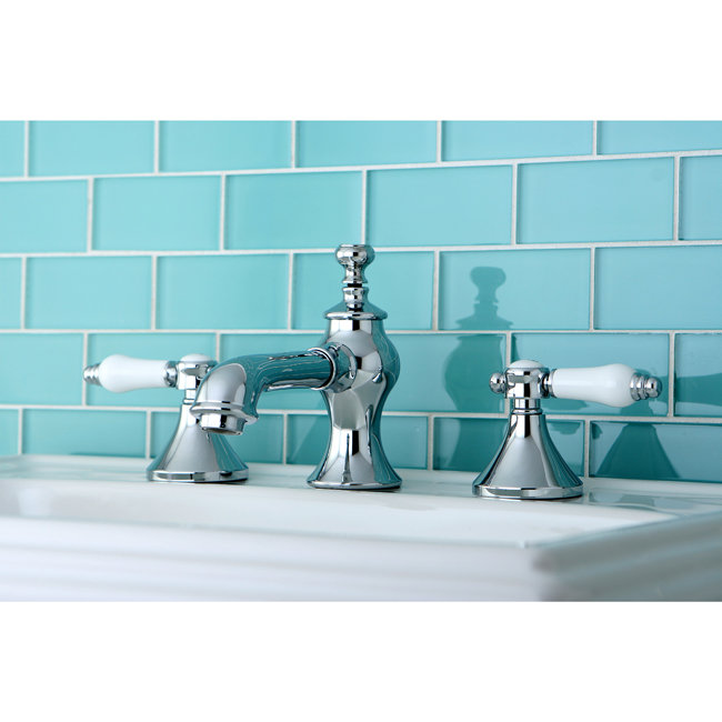 Kingston Brass Bel-Air Two-Handle 3-Hole Deck Mount Widespread Bathroom Faucet with Brass Pop-Up Drain, Polished Chrome