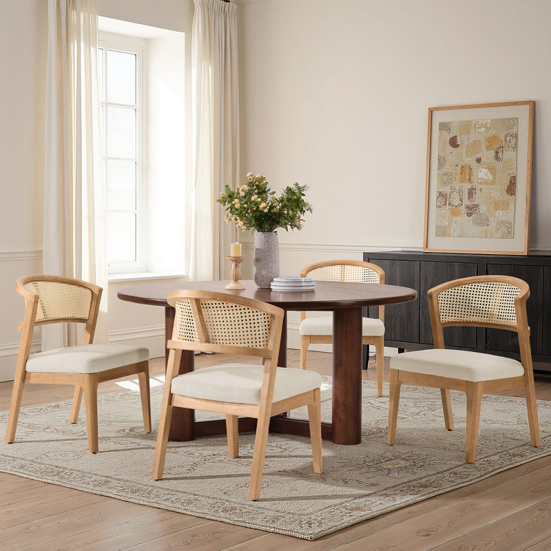 Debbora Solid Wood Barrel Dining Chair With Rattan Backrest, Oak