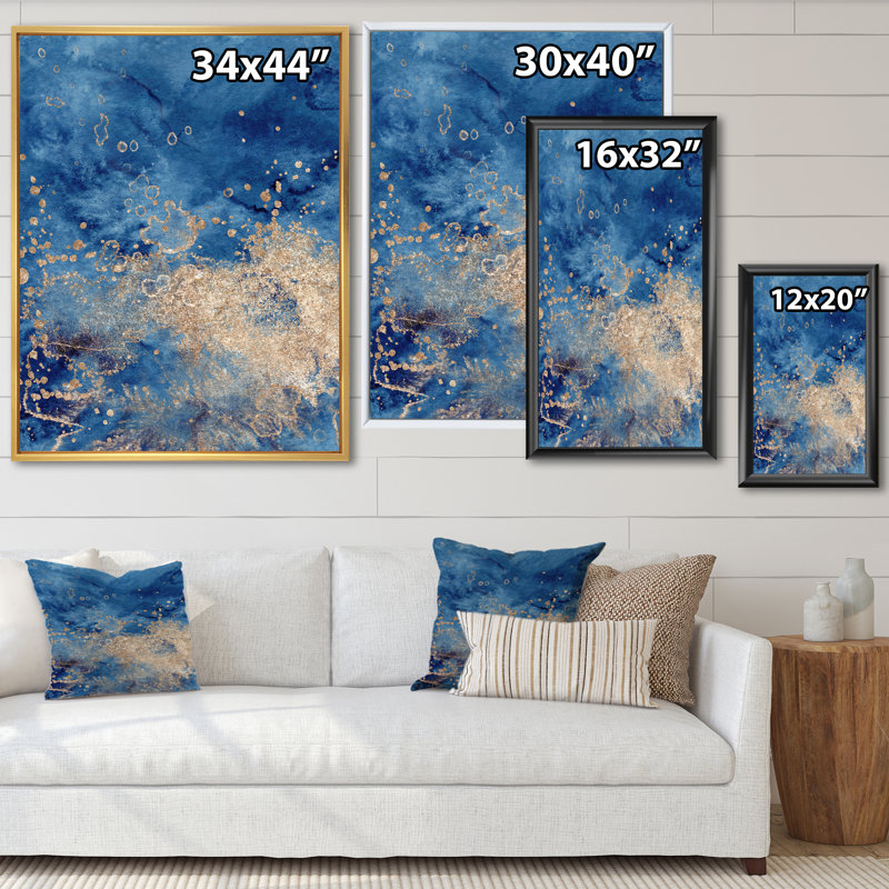 Abstrait classique bleu et or II - peinture sur toile, H 44 po x l 34 po, Cadre flottant en érable