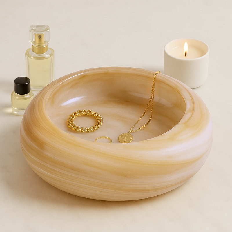 Round Glass Decorative Bowl with Swirl Pattern - Modern Artistic Accent Bowl for Home Decor, Bedroom Side Table, or Shelf Styling - 19", Orange