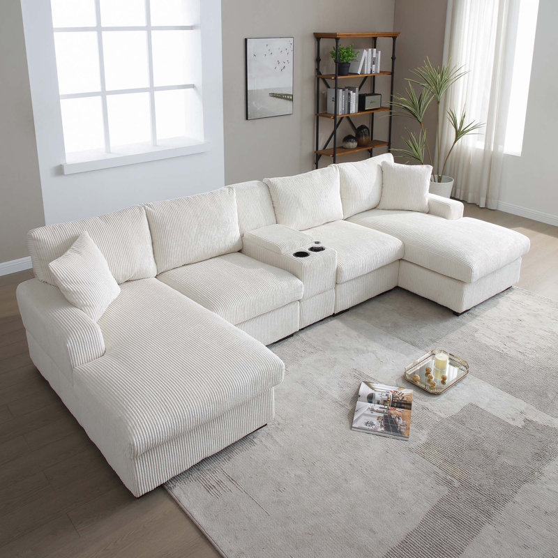 U Shaped Cloud Couch Sectional Sofa with Console,Cup Holder, Beige Corduroy