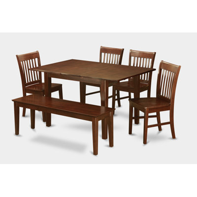 L'ensemble 6 pièces de table et chaises de cuisine contient une table de salle à manger rectangulaire avec rallonge papillon et 4 chaises de salle à manger avec banc, acajou