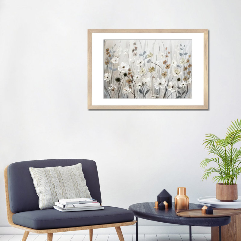 «Misty Meadow Field» encadré par Nan Print, Impression encadrée avec passe-partout, H 24 po x l 32 po, Natural Wood