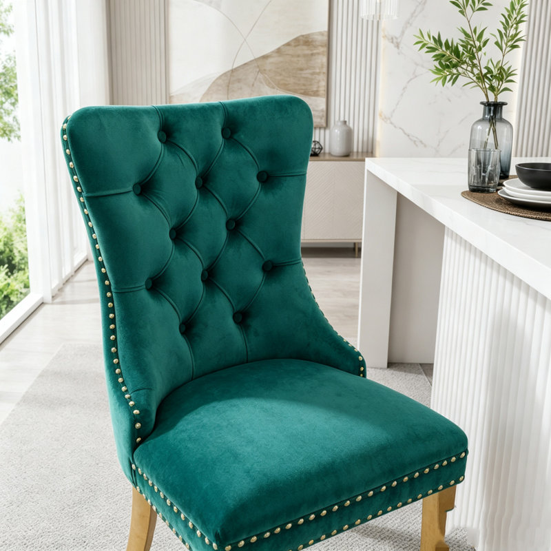 Chaise de salle à manger contemporaine en bois massif, recouverte de velours, avec pieds en acier inoxydable chromé., Vert