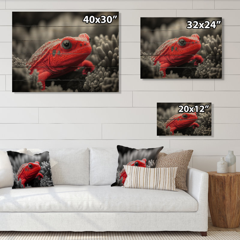 Créature sous-marine rouge - art mural bois côtier, H 30 po x l 40 po x P 1,5 po, Bois