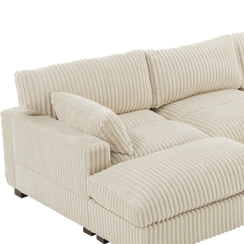 3 - Piece Upholstered White Faux Rabbit Fur Flannel Reversible Modular Sofa Living Room Sectional Couch with Pillows
