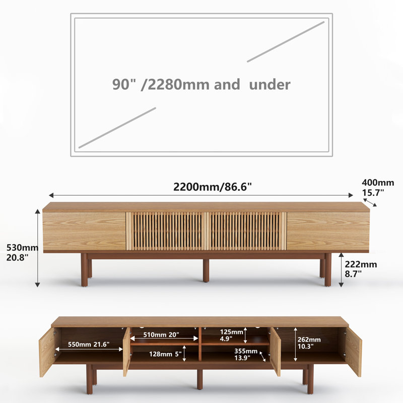 86.6" Mid-Century Modern Solid Wood Tv Stand With Cable Management And Storage