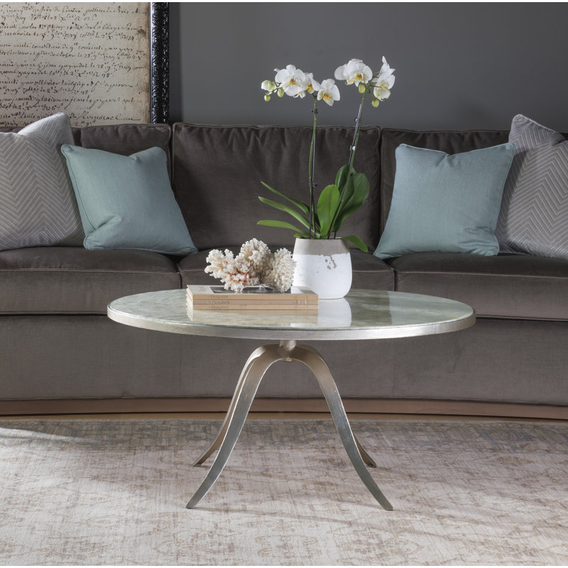 36" Transitional Silver Metal Round Cocktail Table with Capiz Inlay