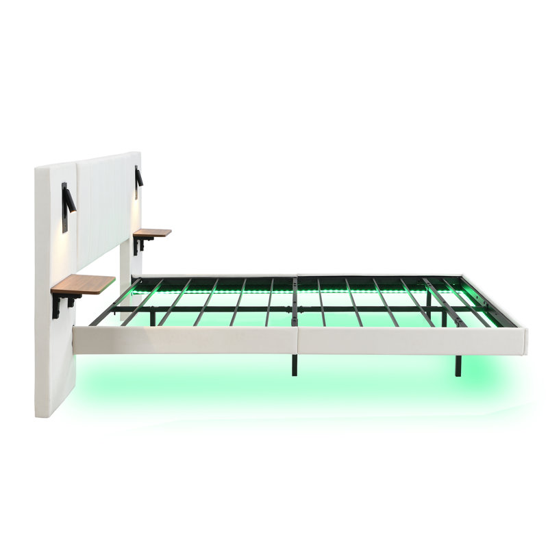 5ft Upholstered Bed With Headboard And 2 Lamps, White