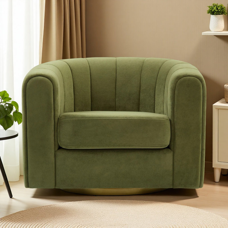 Fauteuil demi-tonneau pivotant à 360 degrés, chaise d'appoint capitonnée vert olive avec base en métal doré