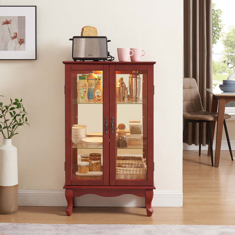 Armoire vitrée 2 portes avec portes en verre trempé, armoires vitrées avec panneau arrière en miroir et tablettes réglables, vitrine éclairée pour la maison, ampoule de bureau incluse