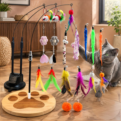 Baguette interactive pour chat d'intérieur avec 18 leurres, une base lourde et stable pour éviter les renversements et deux ventouses pour plus d'options de jeu, conçue pour stimuler les instincts de chasse naturels.