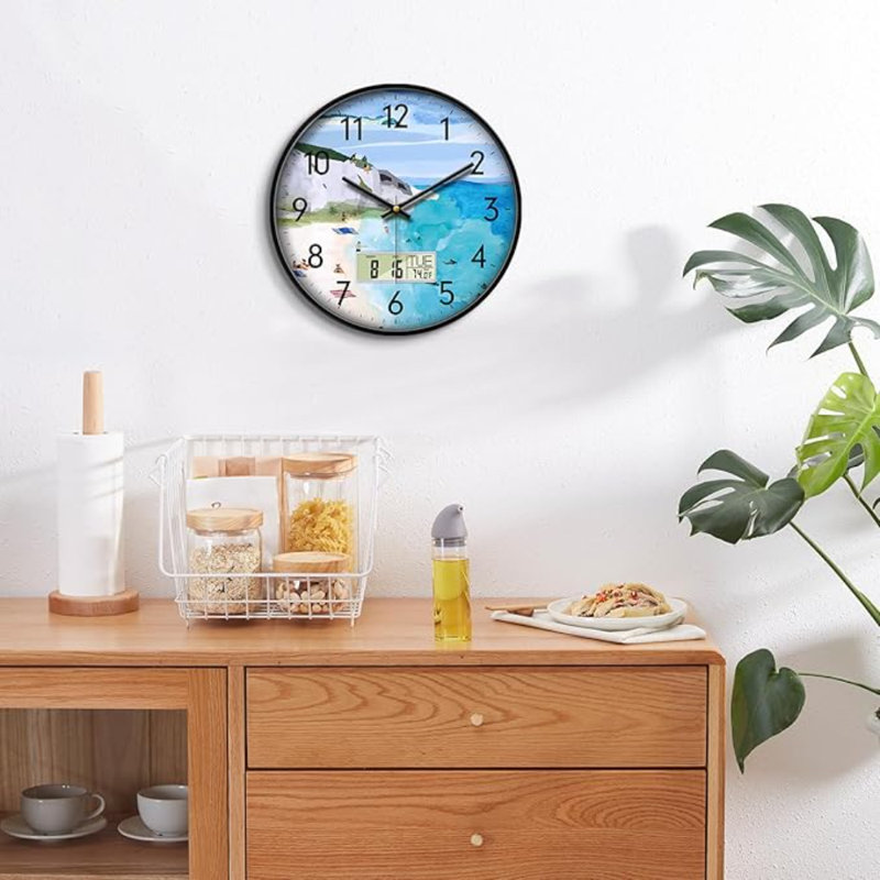 Horloge murale silencieuse avec température jour et date Montagne et mer Plage Horloge de cuisine sans tic-tac