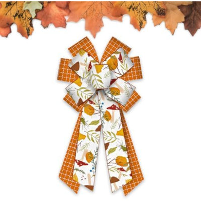 Grands nœuds d'automne pour couronne de Thanksgiving - Décoration de porte d'entrée avec feuilles d'automne, champignons et toile de jute - Fournitures de décoration pour couronne de sapin intérieur/extérieur