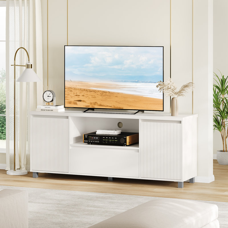 63in TV Stand for TVs Up to 70", Fluted Entertainment Center with Storage Drawer and Open Shelves, Modern TV Console Media Cabinet for Living Room, Bedroom, White (White)