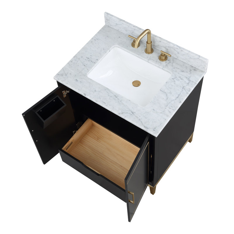 Gracie 30'' W Single Vanity, Midnight Black, Satin Brass, Carrara Marble
