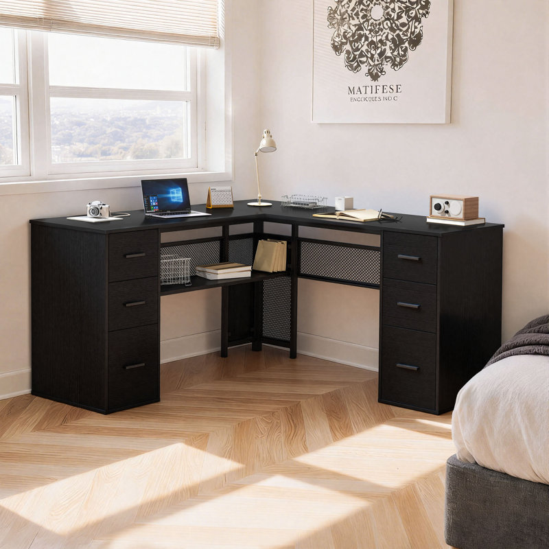 Corsair L-Shaped Executive Desk with 6 Drawers, Black Oak