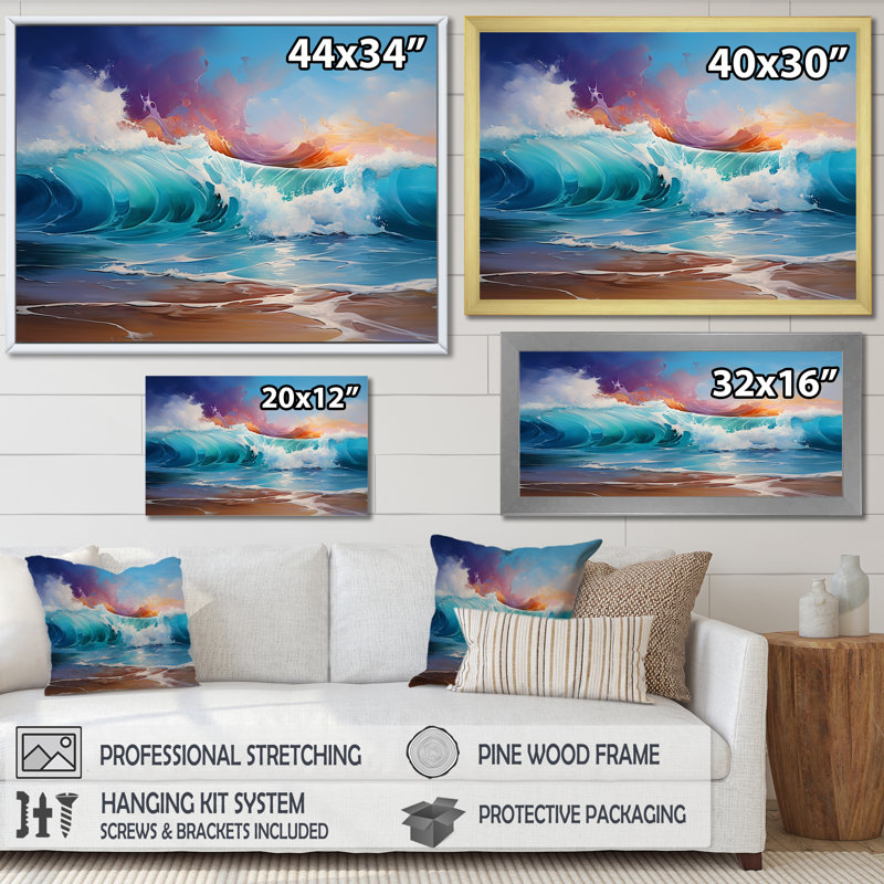 «Shorline Waves Sunset 2» - art mural vagues côtières, Cadre de coin argenté fermé, H 34 po x l 44 po x P 1,5 po