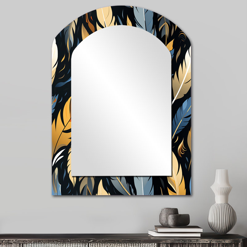 Feather Tribal Fusion - miroir décoratif asymétrique abstrait, miroir mural arqué moderne, impression d'art en métal