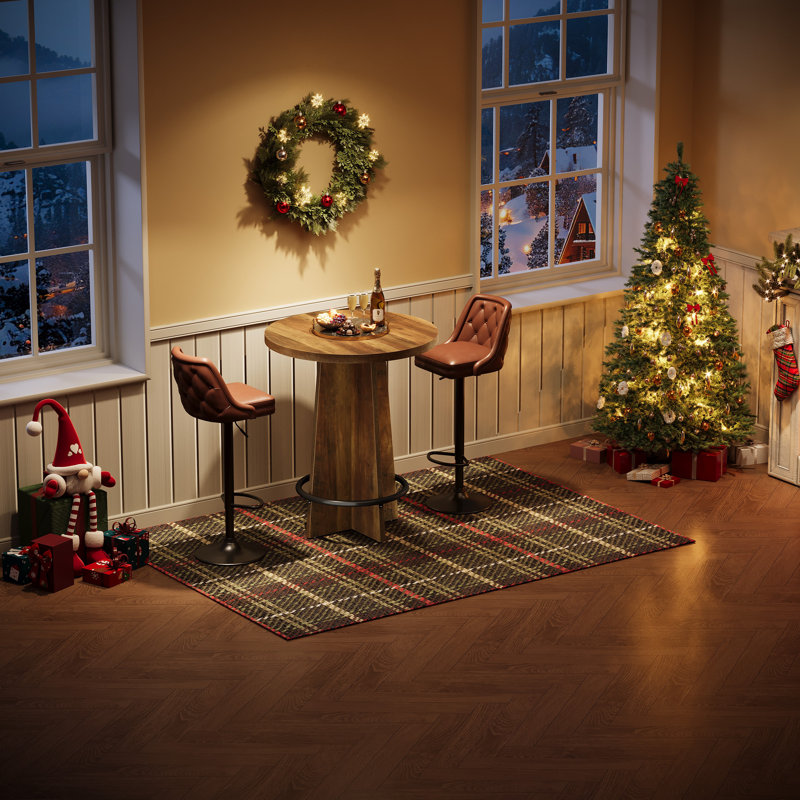 Round Bar Table, 37.4'' Tall Wooden Bistro Pub Table With Pedestal Base And Metal Ring Footrest