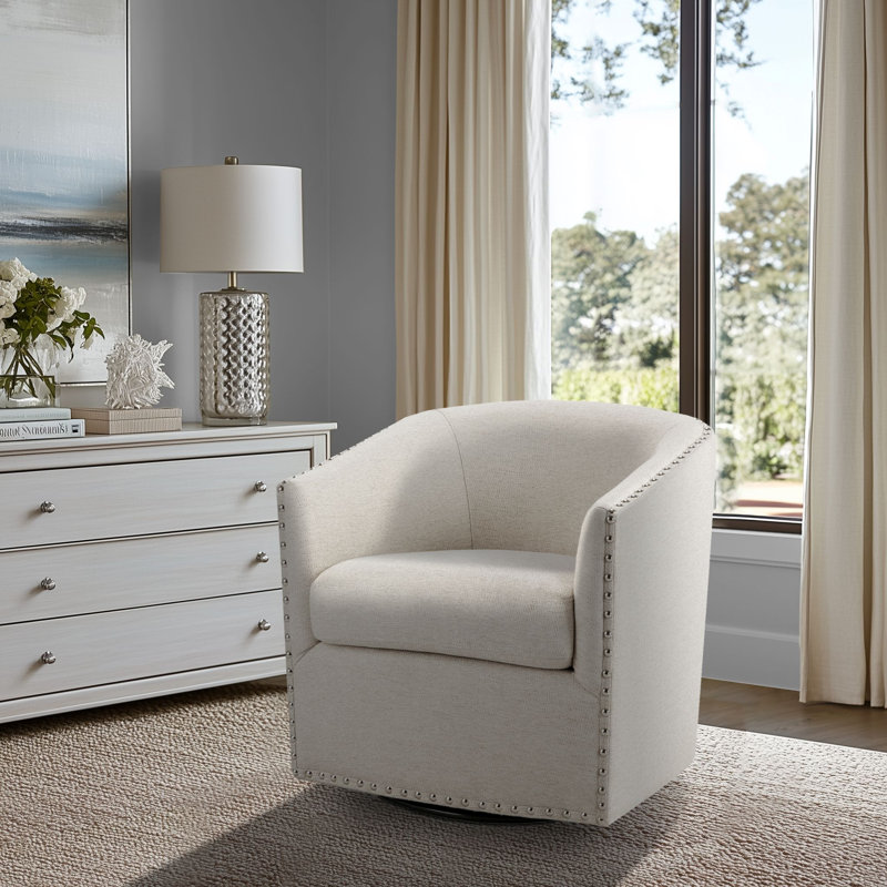 Tyler 28'' W 360° Swivel Barrel Chair with Nailhead Trim, Natural Multi