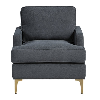 Modern Comfort Dark Gray Chenille Chair With Plywood Structure, Foam Padding, Reversible Cushions, Gold Finish Legs For Reading Nook Armchair Removable Cushion Covers, Brushed Metal Legs, Back