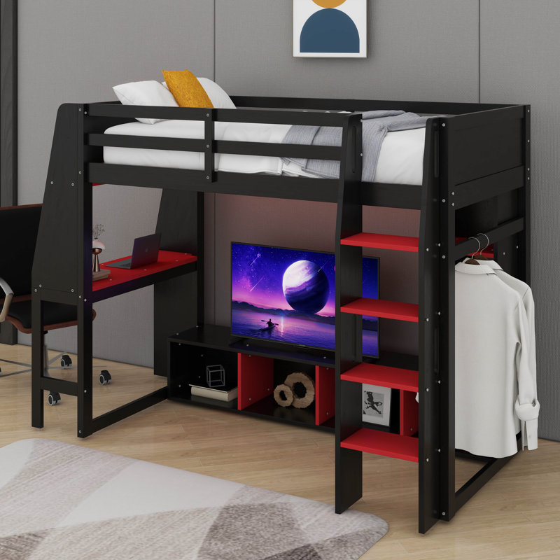 Lit mezzanine simple en bois avec bureau et portemanteaux, Noir
