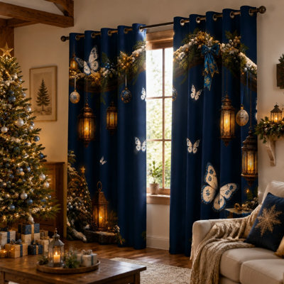 2Pcs Vintage Lantern and Butterfly Print Sun Blocking Curtains, Festive Holiday Decor, Romantic Winter Scene Ring Top for Living Room Bedroom for Home Dector