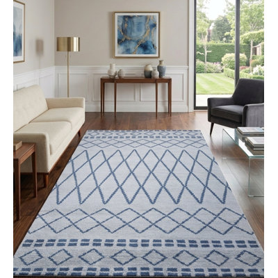 Light Blue Wool Handmade Geometric Indoor Area Rugs Hand Knotted Rectangle