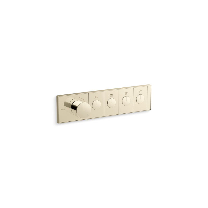 Anthem Four-Outlet Thermostatic Valve Control Panel With Recessed Push-Buttons, Vibrant French Gold