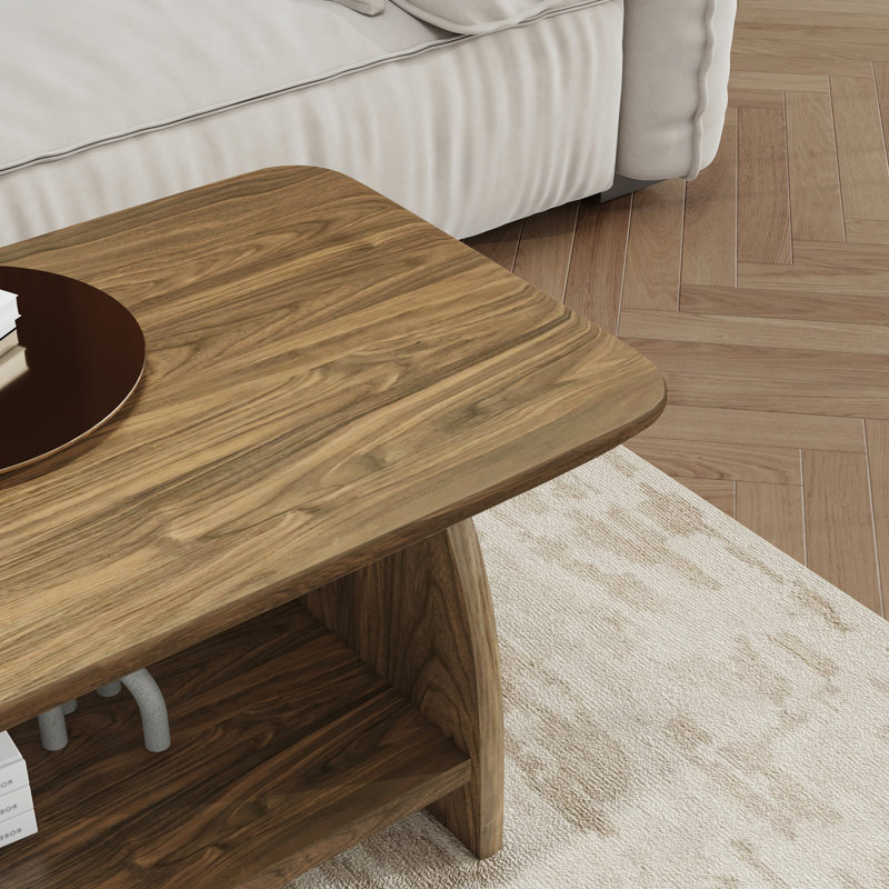 Modern Double-Layer Coffee Table with Storage & Rounded Corners, Wood