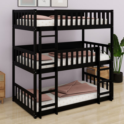Triple Wood Bunk Bed, With Ladders, Guardrails Detachable Bunk Bed