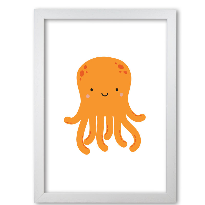 Children's Animals, Octopus - Single Picture Frame Print, 60 cm H x 42 cm W x 5 cm D, White Grain Frame