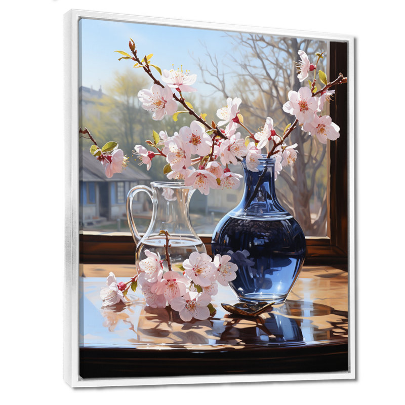Nature morte, fleurs de cerisier roses, vase bleu - bouquets assortis, H 32 po x l 16 po x P 1 po