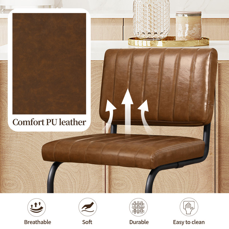 Low Back Tufted Faux Leather Upholstered Counter Stool with Metal Sled Frame, Dark Brown