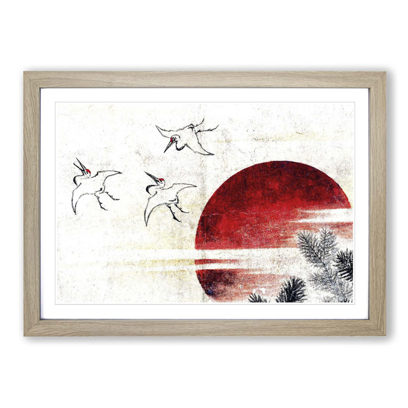 Cranes at Sunset by Katsushika Hokusai - Picture Frame Painting Print, 48cm H x 65cm W x 2cm D, Oak Framed
