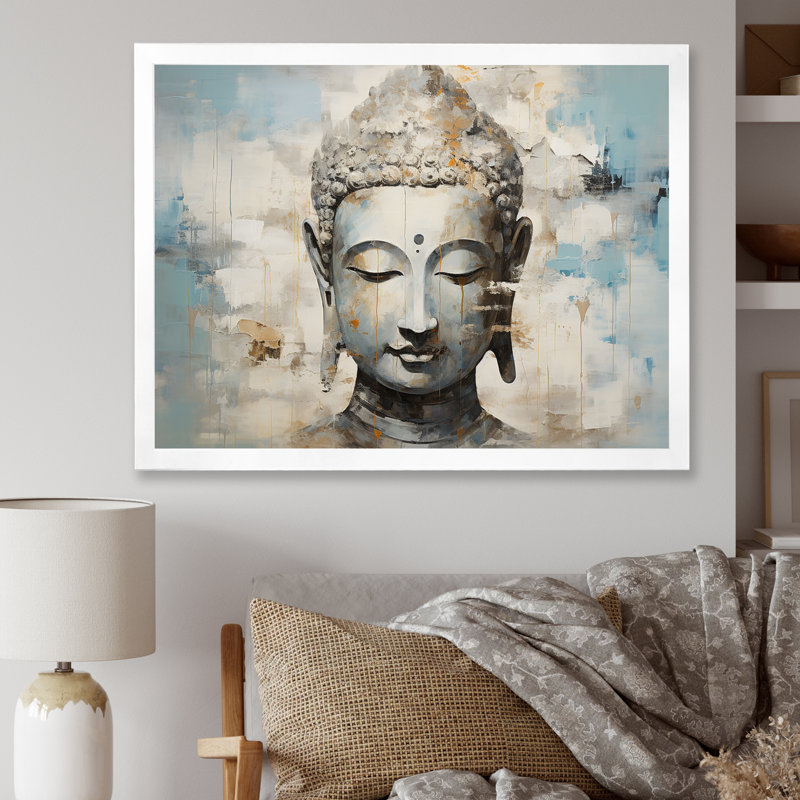 Simple Bouddhism Statue III - Bouddhisme, art mural, H 16 po x l 32 po x P 1 po, Cadre blanc