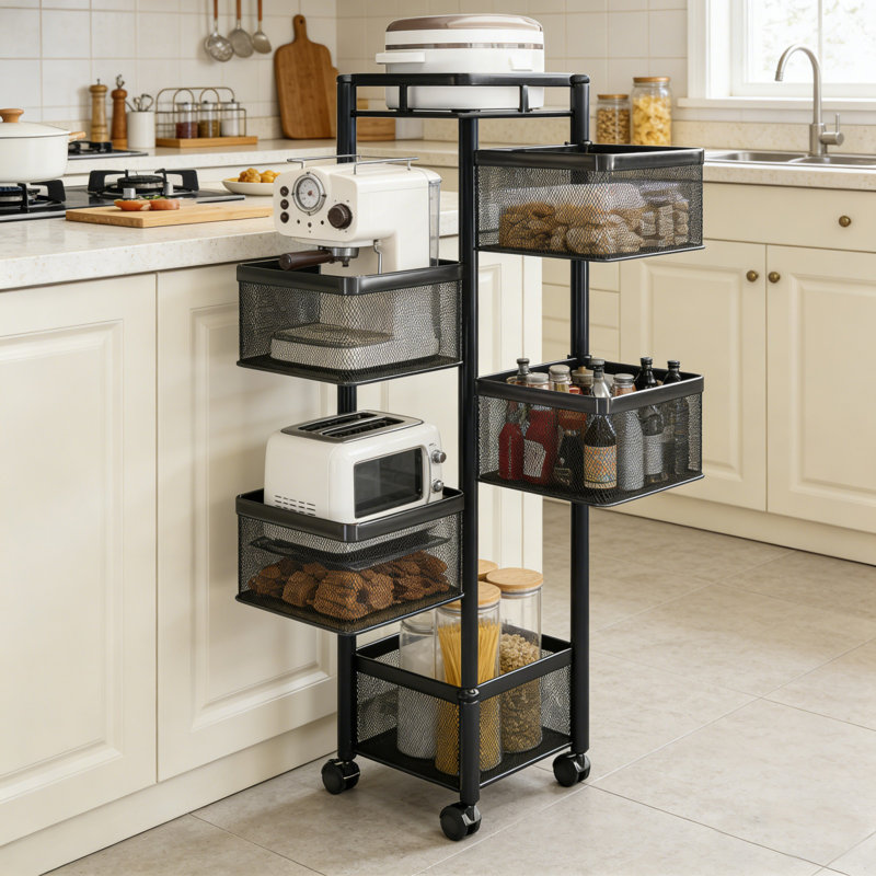 Chariot de cuisine Articles de rangement de cuisine et accessoires de cuisine pour étagère de cuisine Carré de rangement pour fruits et légumes Oignon Chariot de cuisine avec roulettes (noir, couche 5)