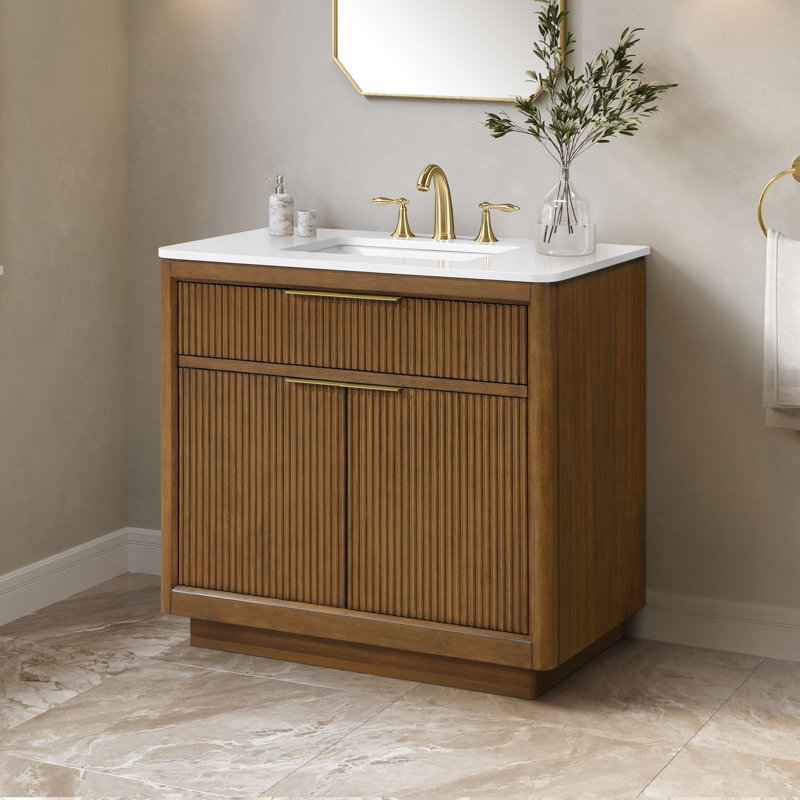 OVE Decors Xander Meuble-lavabo simple autoportant en noyer chaud avec plateau en pierre reconstituée blanche