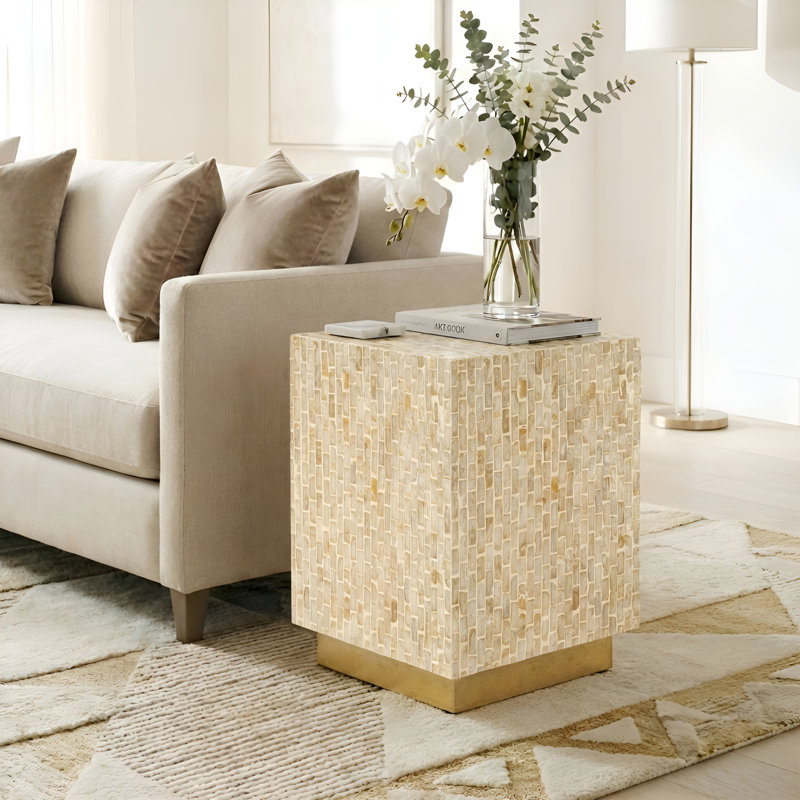 Shell Inlay Side Table With Metal Base, Modern End Table For Living Room/Bedroom/Guest Room, Yellow