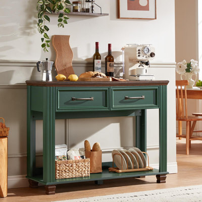 Console Farmhouse de 46 po avec 2 tiroirs, table d'entrée à 2 niveaux en bois rustique avec tablette de rangement ouverte pour l'entrée, grandes tables de canapé de style Mid-Century derrière le canapé pour le salon (vert)