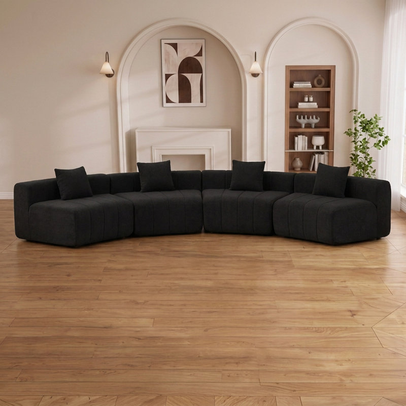 Canapé modulaire courbé avec 4 coussins, aucun assemblage requis, Noir